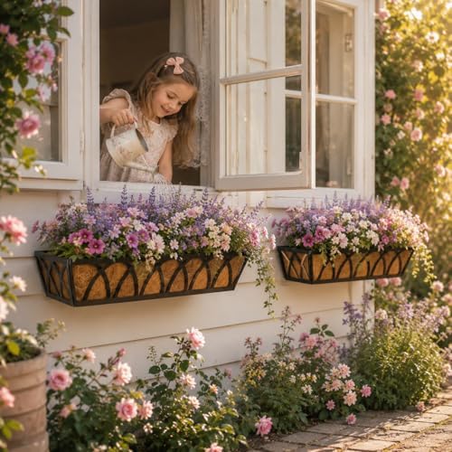 Y&M 4pcs 24 Inch Planter, Metal Window Boxes with Coco Liner, Indoor Outdoor Hanging Flower Planter for Garden, Lawn, Balcony, Porch, Fence, Patio Rail - Image 5
