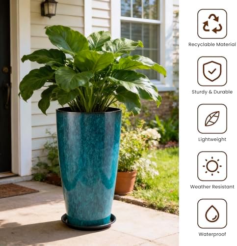 21 inch Tall Planter, Indoor Outdoor Planter Set of 2 Tall Outdoor Planters for Porch Large Planter Pot with Drainage Hole for Home Garden Front Door (Deep Blue) - Image 3