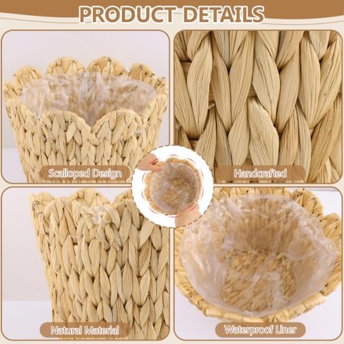Wicker Scalloped Plant Basket with Plastic Liner for Indoor, Set of 4, | Hand Woven Water Hyacinth Rattan Flower Pots Cover - Image 3