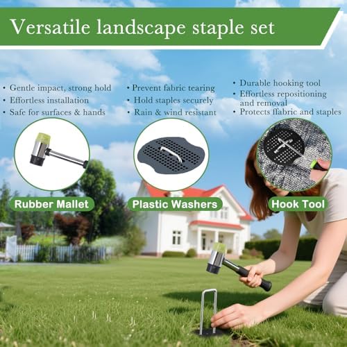 6 Inch Landscape Staples Set, 11 Gauge Galvanized U-Shaped Garden Stakes (200 Pack) with 200 Gaskets, Hook Tool & Rubber Mallet for Weed Fabric & Landscaping - Image 4