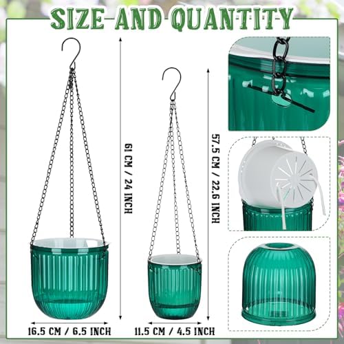 2 Pcs 6.5'' 4.5'' Hanging Self Watering Pot for Indoor Plant, Emerald - Image 2