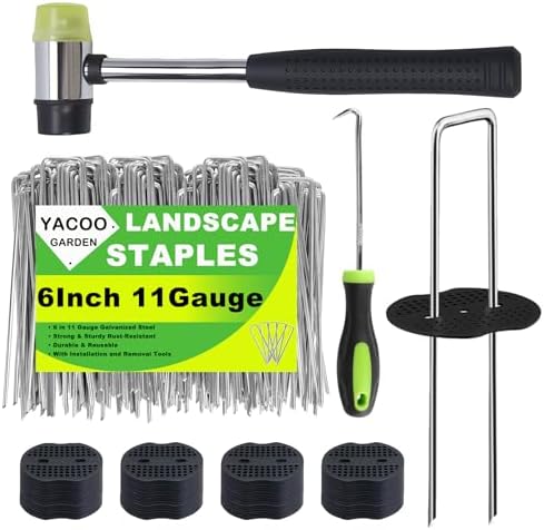 6 Inch Landscape Staples Set, 11 Gauge Galvanized U-Shaped Garden Stakes (200 Pack) with 200 Gaskets, Hook Tool & Rubber Mallet for Weed Fabric & Landscaping by Unknown