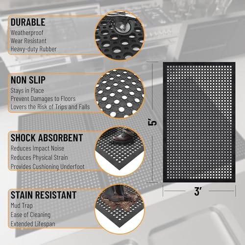 Ottomanson Heavy Duty Rubber Floor Mat – Non-Slip, Waterproof, Easy to Clean – Anti-Fatigue Mat for Commercial Kitchens, Restaurants, Workshops – Oil Resistant, Hose Washable – 36" x 60", Black - Image 3