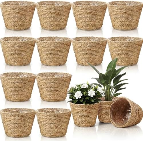 AceOrbit 12 Pcs Wicker Plant Basket Bulk with Liners Woven Planter Baskets Bulk for Indoor Outdoor Seagrass Plants Woven Wicker Baskets for Flower Pots Cover and Room Decor (Medium,Rustic) by Unknown