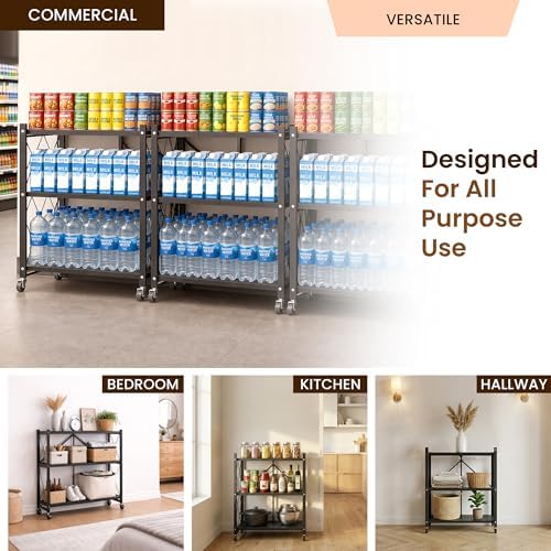 Our Modern Space 3-Tier Foldable Storage Shelf with Wheels | Metal Rack Collapsible Shelving Display | Rolling Cart for Books Kitchen Storage Shelves | Pantry & Closet Organizer | Office Room Decor - Image 5