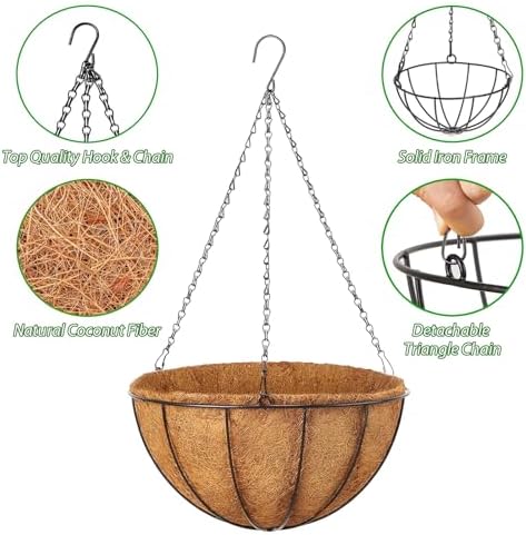 LCHUANG Hanging Baskets Planter for Plants - 2 Pack 14 Inch Metal Baskets with Coco Coir Liner, Hanging Flower Pots for Outside with Chain, Indoor Outdoor Garden Porch Decoration (14'' Pack of 2) - Image 2