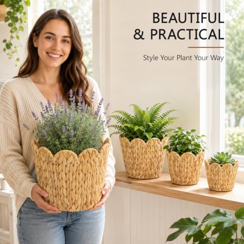 Wicker Scalloped Plant Basket with Plastic Liner for Indoor, Set of 4, | Hand Woven Water Hyacinth Rattan Flower Pots Cover - Image 7
