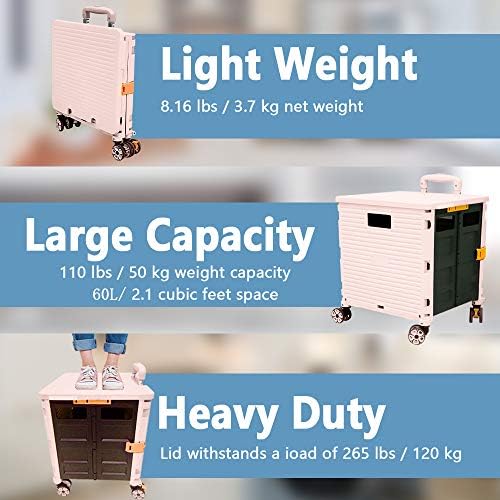 FELICON SELORSS Foldable Utility Cart Folding Portable Rolling Crate-Pink - Image 3