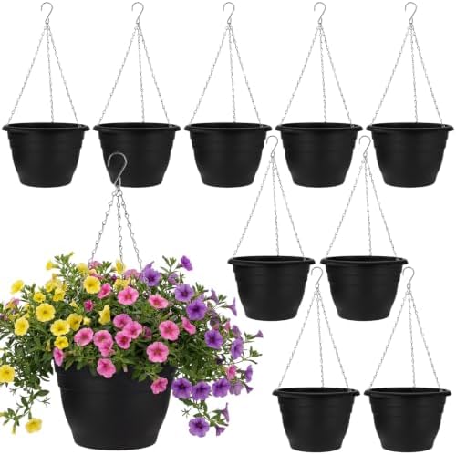 10 Pack Plastic Hanging Planter Bulk 10 inch Black Hanging Baskets by Romooa