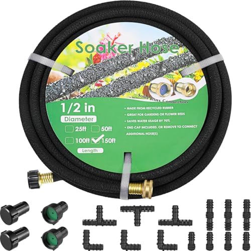 MAMIZO Soaker Hose Kit 150 Ft 1/2" Brass Connectors Heavy Duty Water Saving by MAMIZO