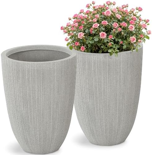 19" Mediterranean Beige Resin Tall Planters with Fluted Texture - Image 5