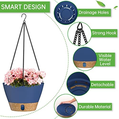ZMTECH 2 Pack 10 Inch Hanging Baskets for Plants Outdoor Indoor, Modern Blue Planters with Water Level Window & Metal Chain for Balcony Patio Garden Home Decor - Image 3