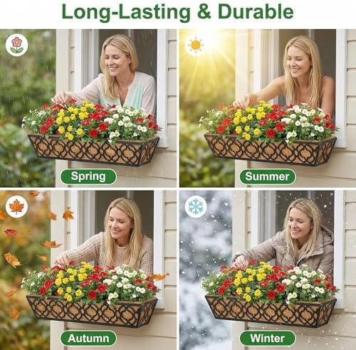 Y&M 4pcs 24 Inch Window Deck with Coconut Coir Liner, 24" Railing Planter Horse Trough Coco Basket Boxes Metal Hanging Flower Balcony for Outdoor Garden Fence Lawn - Image 5