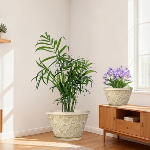 4 Pack 12 Inch Pots for Plants, Plastic Flower Pots Outdoor Indoor, Beige - Image 5