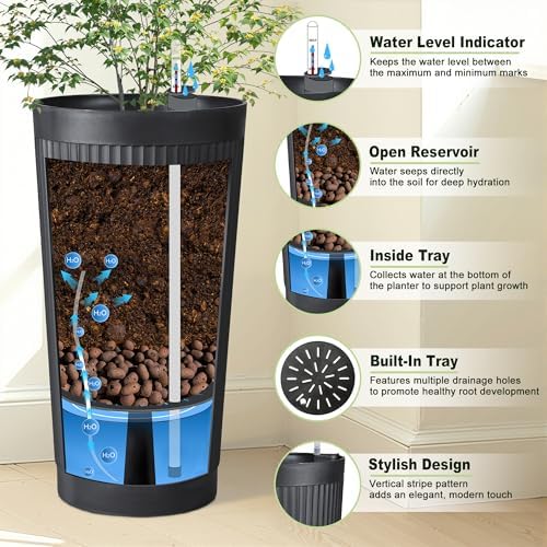 Self Watering Tall Planters Set of 2, Black Round - Image 6
