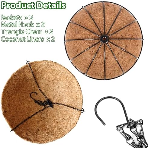 LCHUANG Hanging Baskets Planter for Plants - 2 Pack 14 Inch Metal Baskets with Coco Coir Liner, Hanging Flower Pots for Outside with Chain, Indoor Outdoor Garden Porch Decoration (14'' Pack of 2) - Image 4
