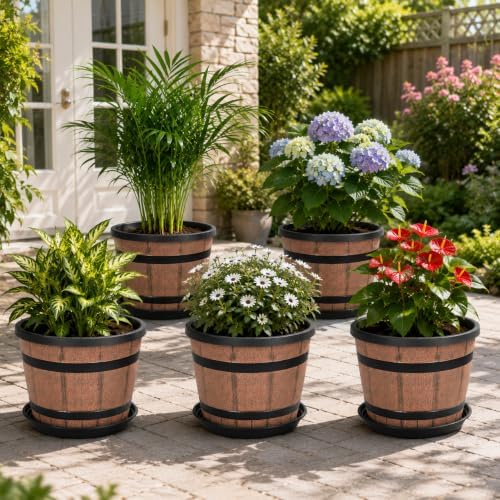 10 Inch Whiskey Barrel Planters with Drainage Holes & Saucer, 5 Pack Plastic Plant Pots with Wine Barrel Design, Flower Pots for Indoor Outdoor Balcony - Image 5