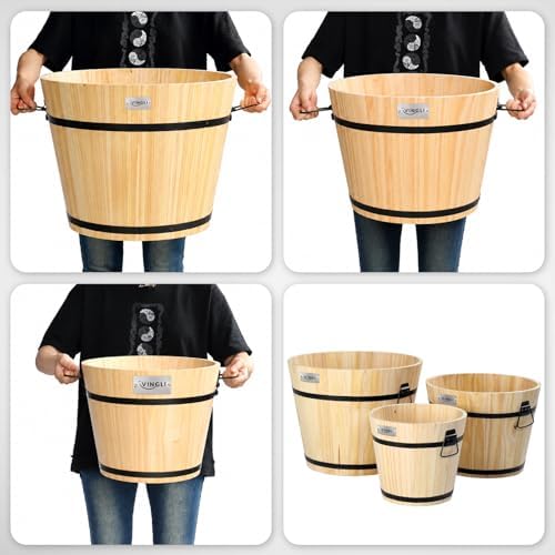 VINGLI 3 PCS Large Wooden Planter Barrel Set, 11.5"(Dia)- 18"(Dia), Real Wood Flower Pot with Drainage Holes, Different Sizes, Large Garden Container Box, Indoor & Outdoor (Honey) - Image 2