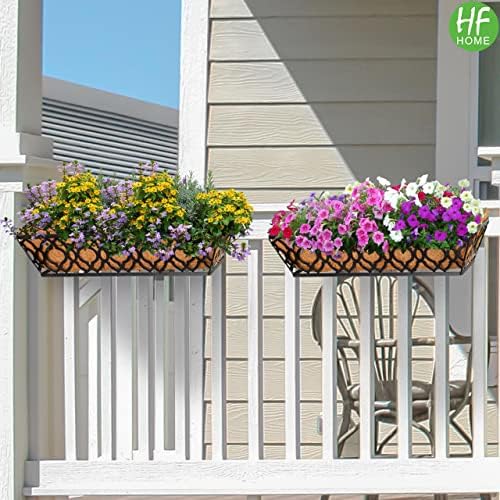 HFHOME 24 Inch Deck Railing Planter Box with Horse Trough Coco Liner, 24" Window Boxes with Coconut Coir Liner, Black Metal Hanging Flower Planter Basket for Outdoor Indoor Lawn - 4 Pack - Image 2