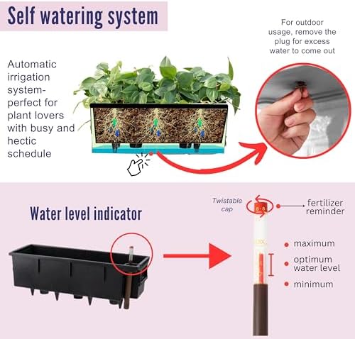LaLaGreen Outdoor Rail Planter for Balcony (20 Inch, 2 Pack) Large Black Self Watering Railing Planters with Brackets, Rectangular Plastic Window Flower Box Fence Designer Choice with Rattan Pattern - Image 3