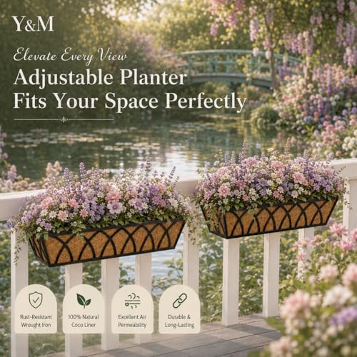 Y&M 4pcs 24 Inch Planter, Metal Window Boxes with Coco Liner, Indoor Outdoor Hanging Flower Planter for Garden, Lawn, Balcony, Porch, Fence, Patio Rail - Image 4