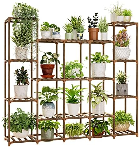 Bamworld Large Plant Shelf Indoor Plant Shelf Outdoor Tall Wood Plant Holder for Living Room Multiple Plants Patio Balcony Garden 17 Pots by Bamworld