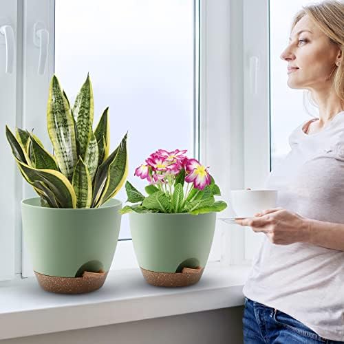 QRRICA Plant Pots 10/9/8/7.5/7 Inch Self Watering Pots, Set of 5 Plastic Planters with Drainage Holes and Saucers,Plastic Flower Pots,Nursery Planting Pot for Indoor Out Door Plants（Green） (Pack of 3) - Image 6