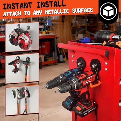 ULIBERMAGNET New Upgraded Heavy Duty Magnetic Garage Hooks,6 Pack Strong Large Magnet Hooks for Power Drill,Garden Tools,Hose,Pegboard,Garage, Workshop,Magnetic Storage Hook for Hanging(Orange) - Image 4