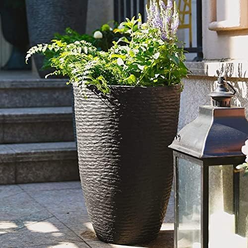 Worth Garden 21" H Tall Planters 2 Pack - 14'' Dia Resin Large Round Black Flower Pots for Outdoor Plants Trees - Imitation Stone Finish Plastic Indoor Front Porch 9 Gallon Decorative Container Patio - Image 4
