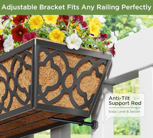 Y&M 4pcs 24 Inch Window Deck with Coconut Coir Liner, 24" Railing Planter Horse Trough Coco Basket Boxes Metal Hanging Flower Balcony for Outdoor Garden Fence Lawn - Image 3