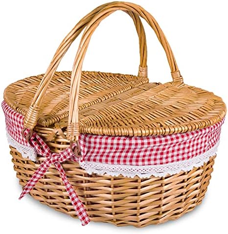 Wicker Picnic Basket with Lid and Handle Sturdy Woven Body with Washable Plaids Liner,Red by RURALITY