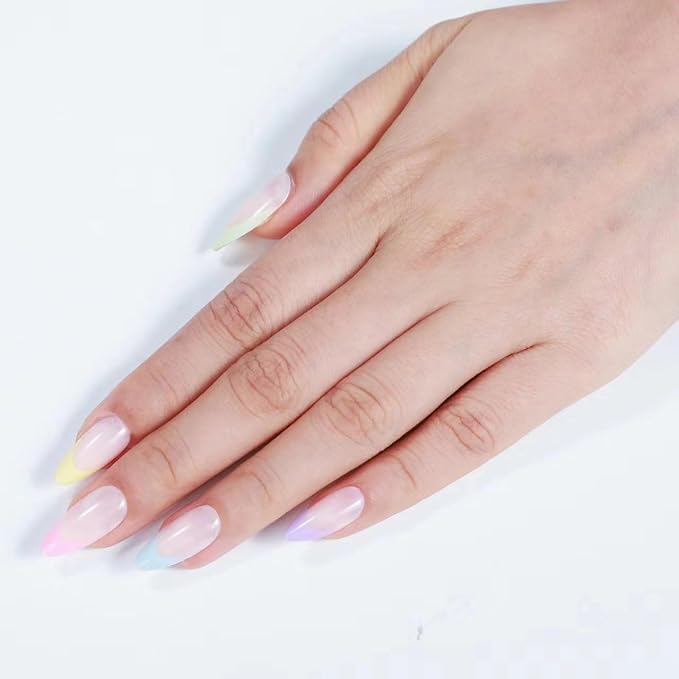 Rnker French Tip U Shape Press On Nails - Five colors Almond Top gel Nails with Bright Finish, 15 Sizes - 30 Nail Kit with Glue