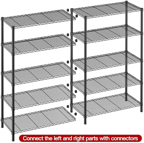 REIBII 5 Tier Wire Shelving Storage Shelves Loads 1430LBS, 58" W Metal Shelving Unit for Storage Adjustable Heavy Duty Garage Shelving Pantry Shelves Kitchen Shelving, Black, 2 Pack - Image 7