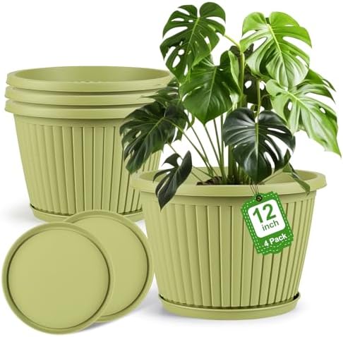 12-inch-Planters-for-Outdoor-Plant，Plastic Indoor Flower Pots with Drainage Holes & Saucer，4 Packs Decorative Garden Pots for Plantfor Home Porch Decor by FlowyypoPlantPot