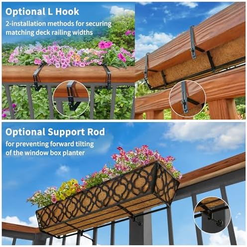 HFHOME 24 Inch Deck Railing Planter Box with Horse Trough Coco Liner, 24" Window Boxes with Coconut Coir Liner, Black Metal Hanging Flower Planter Basket for Outdoor Indoor Lawn - 4 Pack - Image 5