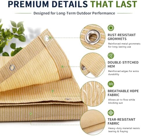 90% Outdoor Sun Shade Cloth, 6' x 8', Pergola, Deck, and Backyard Patio Sunshade with UV Protection, Heat Resistant HDPE Material, Reinforced Grommets (6x8 FT, Wheat) - Image 6