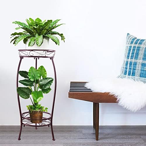Plant Stand Indoor Outdoor,2 Tiers 27.1'' Metal Tall Plant Stands,Iron Corner Flower Pot Holder, Plant Rack,Display Shelf Racks for Home Garden Office -Brown - Image 2