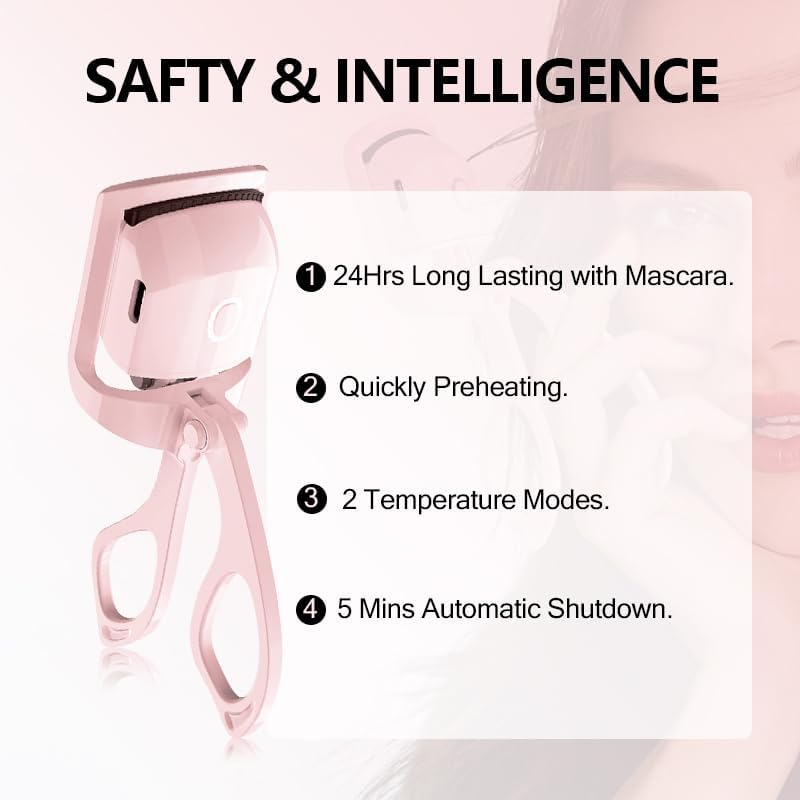Heated Eyelash Curler with USB,Fast Heat up & 24H Long-Lasting,Rechargeable Electric Lash Curlers,Temperature Control,Safe Anti-Burn Quick Natural Curling Eye Lashes,Pink