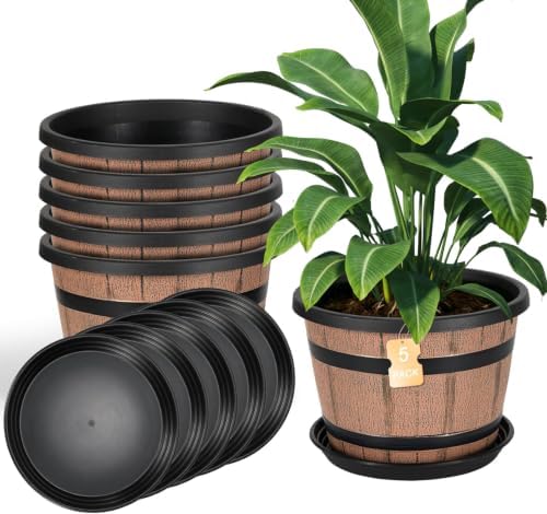 10 Inch Whiskey Barrel Planters with Drainage Holes & Saucer, 5 Pack Plastic Plant Pots with Wine Barrel Design, Flower Pots for Indoor Outdoor Balcony by Unknown