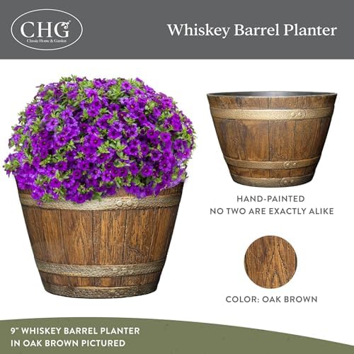 Classic Home and Garden Whiskey Plastic Resin Flower Pot Barrel Planter, Oak Brown, 20.5" (4 Pack) - Image 2