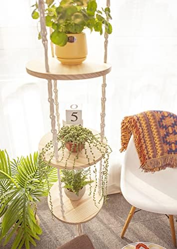 YKBU Macrame Plant Hanger Shelf Hanging Rope Shelf Indoor with Boho Lamp Shade 3 Tier Floating Round Shelves Decorative Shelf Flower Pot Holder Planter Display Rack Boho Home Decor-1 Set - Image 3