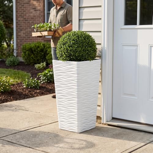Worth Garden 22" Tall Planters Set of 2 - Plastic White Square Plant Pots with Drainage Hole - Modern Large Tapered Matte Wavy Tree Flower Pot for Indoor Outdoor Porch Deck - Image 2