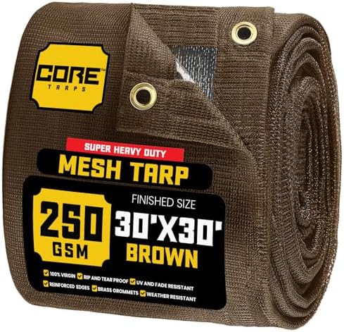 Core Tarps 60% Brown Shade Cloth with Grommets - 30 X 30 FT Heavy Duty Mesh Tarp - Sun Shade Cloth for Garden Vegetables Plants Greenhouse Outdoors Backyard Fences Dump Trucks Patio Mesh Shade Tarp by CoreTarps