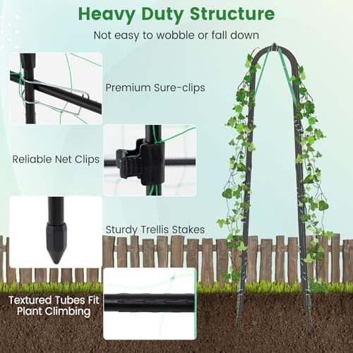 71" x 71" Cucumber Trellis for Raised Bed, Garden Arch Trellis Metal Plant Support Frame with Netting, Sure-Clips & Ground Stakes, U-Shaped Garden Trellis for Climbing Plants Outdoor - Image 3