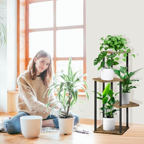 4 Tier Plant Stand Indoor, Thickened Metal Wood Corner Plant Shelf Stands for Multiple Plants, Indoor Tall Plants Stand Tiered Flower Holder for Living Room Patio Garden Balcony(Black+Brown) - Image 6