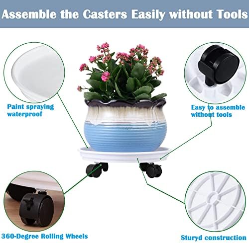 6 Packs Plant Caddy with Wheels 12" Plastic Rolling Plant Stands Heavy-Duty Plant Dolly with Casters Indoor Outdoor Plant Roller Base Plant Pot Saucers on Wheels Planter Mover, White - Image 2