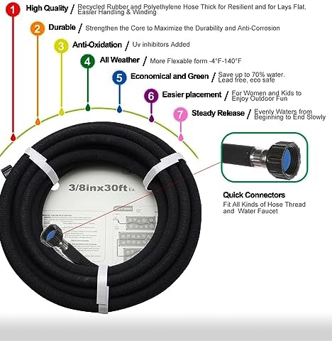 Soaker Hose 100ft - 1/2 Round Rubber Garden Soaker Hoses Kit, Heavy Duty Irrigation Drip Hose, Water Seeper Soaking Hose for Gardens, Flower Beds And Lawn Yard - Image 5