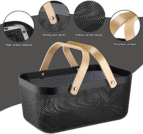 Sadnyy 4 Pcs Plastic Mesh Garden Harvest Basket Storage Basket with Wooden Handle Multi Functional Mesh Bin for Kitchen Cabinet Picnic Fruit Vegetable Gathering Organizer(Large,Black) - Image 4