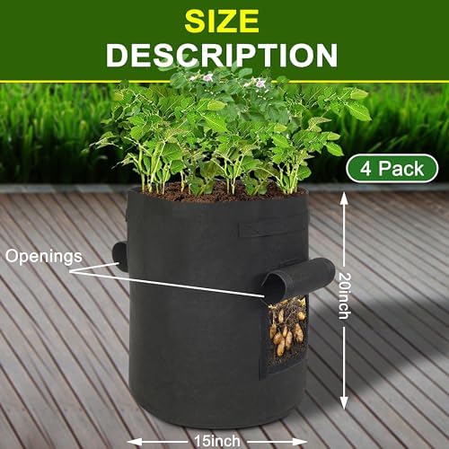 4-Pack 15-Gallon Grow Bags with 2 Flaps and Reinforced Handles,Non-Woven Potato Grow Bags, Heavy-Duty Thickened Aeration Fabric Pots for Potatoes, Tomatoes, Flowers, and Vegetables - Image 2