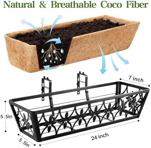 24 Inch Window Boxes Planters Railing Planter Box - 2 Pack Deck Railing Planter Boxes with Adjustable Brackets Coco Liners Balcony Planters Railing Hanging for Window Flower Boxes Outdoor Garden Decor - Image 2
